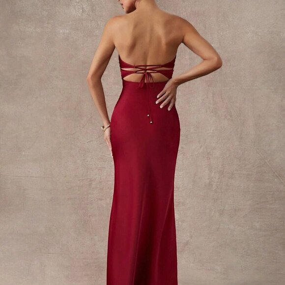 Burgundy Elegant Party Women's Twisted Tube Top Satin Graduation Dress - Picture 2 of 7